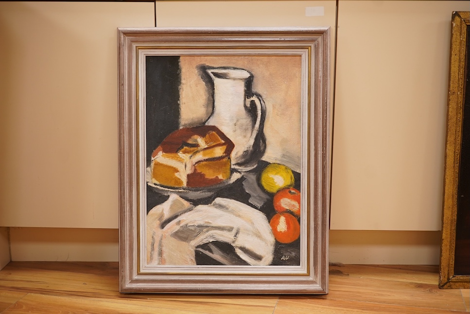 Impressionist, oil on board, Still life of fruit and vessels, initialled A.U, 59 x 42cm